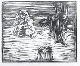 Edvard Munch, Hagen i snø I, Tresnitt i svart på middels tynt gulhvitt papir