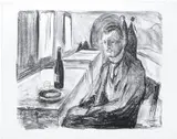 Edvard Munch, Selvportrett ved vinen, Litografi i svart på middels tynt gulhvi kinapapir