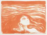 Edvard Munch, På kjærlighetens bølger, Litografi i rødt på tynt gråhvitt papir