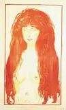 Edvard Munch, Kvinne med rødt hår og grønne øyne. Synden, Fargelitografi på meget tynt japanpapir