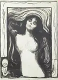Edvard Munch, Madonna, 1895, Litografi i svartpå gråli papir, oppklebet på tykk