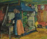 Alf Lundeby, Kjerring som koker graut Gausdal, 1912, Olje på lerret