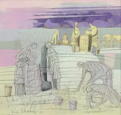 Arne Ekeland, Potetplukkere, 1969, Blandingsteknikk på papir