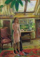 Astri Welhaven Heiberg, Atelierinteriør med modell, 1953, Olje på lerret