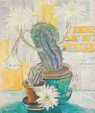 Julie de Holmberg Krohn, Blomstrende kaktus i vinduskarm, Olje på lerret
