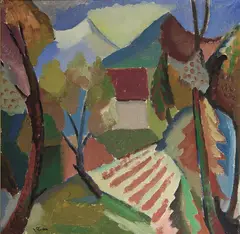 Johannes Rian, Landskap med hus, Olje på lerret