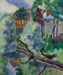 Hus i landskap by Ragnhild Kaarbø, Olje på lerret, sold Aug 2001