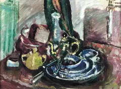 Ludvig Karsten, Oppstilling med kopper, kanne og vase, 1923, Olje på lerret