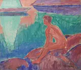 Badende gutt by Johannes Rian, Olje på plate, sold Jun 2001