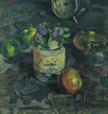 Severin Grande, Oppstilling med blomster i krukke og epler, 1918, Olje på lerret, oppklebet på plate