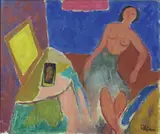 Kvinne ved toilettbord by Johannes Rian, Olje på plate, sold Jun 2001