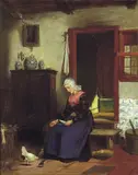 Karl Lorck, Kjøkkeninteriør med kvinne, høne og vaktler, 1876, Olje på lerret