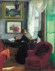 Kitty Lange Kielland, Interiør med rød stol, Olje på plate