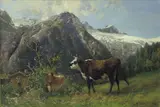 Anders Askevold, Fjellandskap med gård og to kyr, Olje på lerret