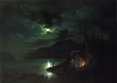Hans Gude, Skogsjø i måneskinn, 1853, Olje på lerret