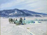 Peder Mønsted, Isskjæring ved Lillehammer, 1922, Olje på lerret