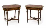 Mesas Napoleón III, Madera de palisandro con incrustación en maderas exóticas motivo floral y detalles en bronce, Madera de palisandro con incrustación en maderas exóticas motivo floral y detalles en bronce