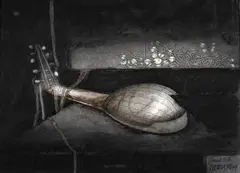 Laúd roto by David Manzur, 1999, Grabado en aguafuerte y punta seca sobre papel intervenido con carboncillo y sanguina., sold Nov 2024