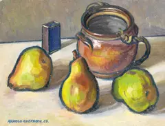 Arnold Auerbach, Still Life With Jug And Pears, oil on board 30cm by 40cm