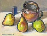 Arnold Auerbach, Still Life With Jug And Pears, oil on board 30cm by 40cm