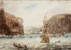 Samuel Owen, Naval Ships Off A Coastline, watercolour