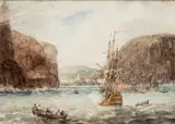 Samuel Owen, Naval Ships Off A Coastline, watercolour