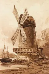 John Callow, A Windmill And Thames Barge, watercolour