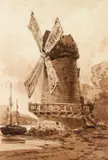 John Callow, A Windmill And Thames Barge, watercolour