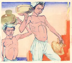 Mabel Allington Royds, Boys Carrying Copper Pots, woodcut with hand colouring
