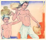 Mabel Allington Royds, Boys Carrying Copper Pots, woodcut with hand colouring