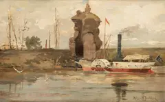 Holger H. Jerichau, A Steamboat On The Tiber, oil on board