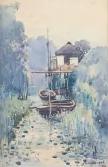 Sen Nakabayashi, A River With Boats Moored, watercolour