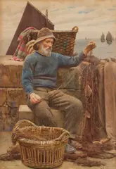 Ralph Todd, A Fisherman With His Nets, watercolour