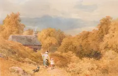 John Mole, Mother And Child With Dog In An Extensive Landscape, watercolour