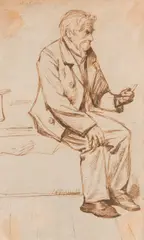 Charles Samuel Keene, Old Man On A Bench, pen and ink
