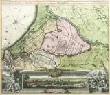 Johann Baptist Homann, Prospect, Grundris und Gegend der Polnischen vesten Reichs und Handels-Stadt Danzig?, Panorama Gdańska i mapa okolic, wyd. Spadkobiercy Homanna, stan pierwszy, Norymberga, ok. 1720 r. miedzioryt kolorowany w epoce, wym. 49