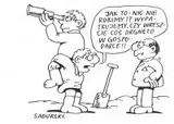 Szczepan Sadurski, "Jak to: nic nie robimy!?", 1987 r., 1987, Rysunek dla pisma ?Szpilki?; na rewersie dodatkowy rysunek (przekreślony) tusz, papier
