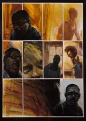 Daniel Grzeszkiewicz, Międzybycie, 2005, 2005, plansza komiksowa str. 4 - komiks oczekujący na wydanie akryl, ekolina, tempera, papier