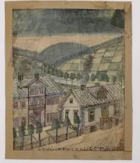 Nikifor Krynicki, Widok miasteczka, akwarela, papier