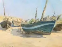 G. Bruckner, Łodzie na plaży, 1940 r., 1940, pastel, papier