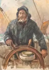 Henryk Baranowski, Rybak za kołem sterowym, akwarela, papier