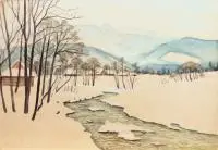 Zimowy pejzaż górski by Mieczysław Filipkiewicz, akwarela, tektura, sold Jan 2015
