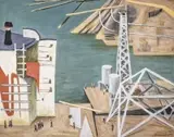 Józef Łakomiak, Budowa portu, 1974 r., 1974, olej, płótno