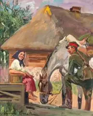 Wojciech Kossak, Ułan z dziewczyną, olej, tektura