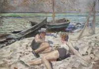 Ludwik Misky, Na plaży, olej, tektura