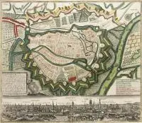 Matthäus Seutter, Dantzig, Plan i widok Gdańska, Augsburg, 1735 r. U dołu legenda objaśniająca 12 obiektów; poniżej planu widok miasta z ok. 1735 r., według rysunku F. B. Wernera z 1727 r.miedzioryt kolorowany w epoce
