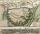 Matthäus Seutter, Dantzig, Plan i widok Gdańska, Augsburg, 1735 r. U dołu legenda objaśniająca 12 obiektów; poniżej planu widok miasta z ok. 1735 r., według rysunku F. B. Wernera z 1727 r.miedzioryt kolorowany w epoce