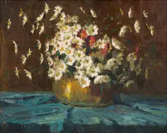 Adriaan Boshoff, Cosmos in a Copper Pot, oil on board