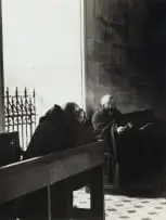 André Kertész, Trappist Cloister, Soligny sur Orne, France (two in pews), silver gelatin print