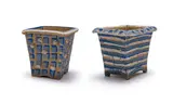 Planter with blue and white patterns, two by Hylton Nel, painted terracotta, sold Sep 2024